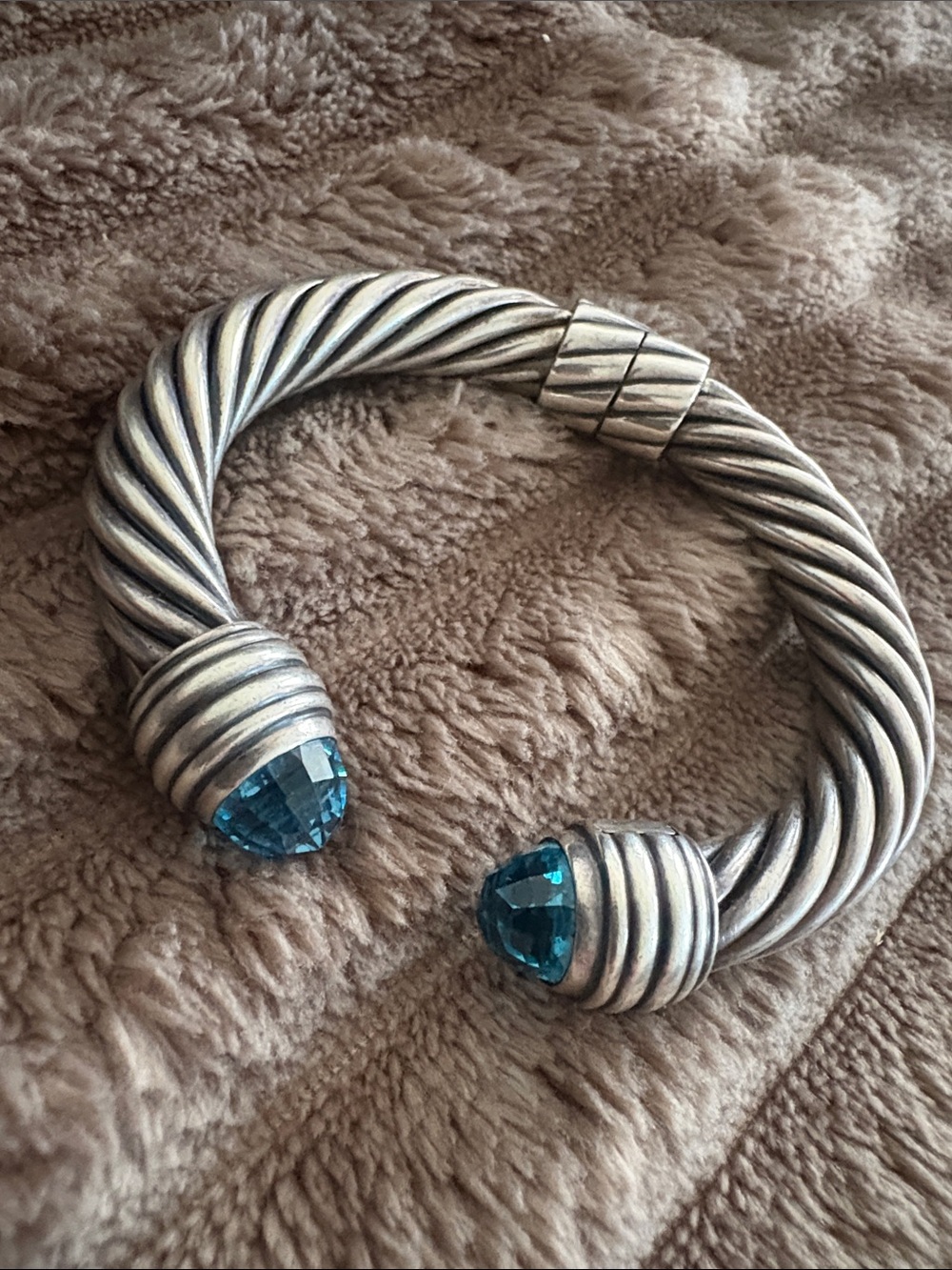 David Yurman Cable Cuff Bracelet with Blue Gemstone Ends